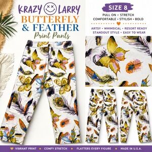 Krazy Larry Butterfly Feather Print Pants Sz 8 Stretch Pull On Cropped Resort